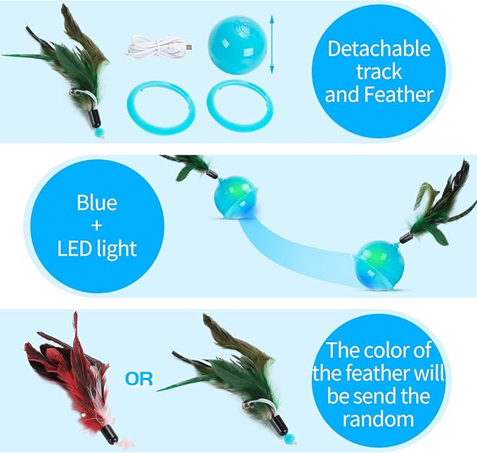 Cat Feather Toy Ball for Indoor,Automatic Moving Ball Toy with Feathers Tail, Self Rolling Ball with Colorful Light Mouse Chasing Game(Blue)