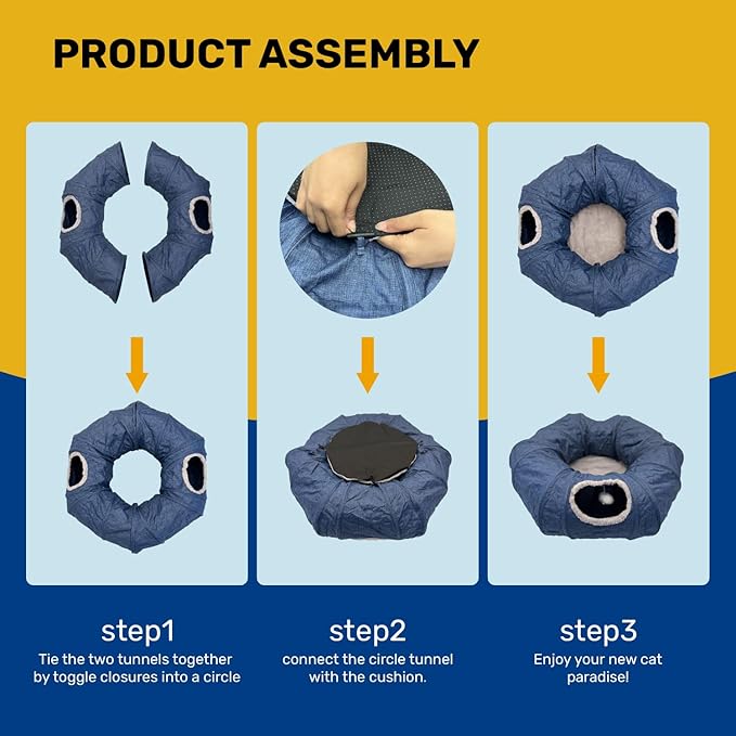 Cat Tunnel 3 Ways Play Tunnel, Durable Cationic Fabric Collapsible Breathable Cat Hideout with Rest Mat, All Season O S C Shape Cat Play Tunnel Toys for Indoor Small Medium Large Cats (Blue)