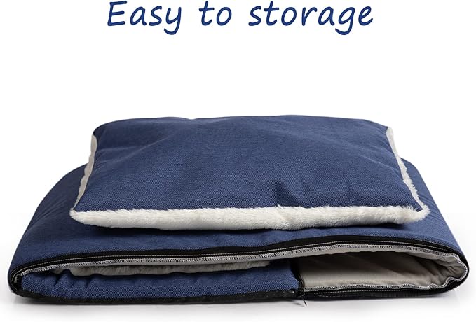 Hollypet Linen Cat Bed, Self-Warming 2 in 1 Foldable Cave House Animal Shape Nest Pet Sleeping Bed, Blue