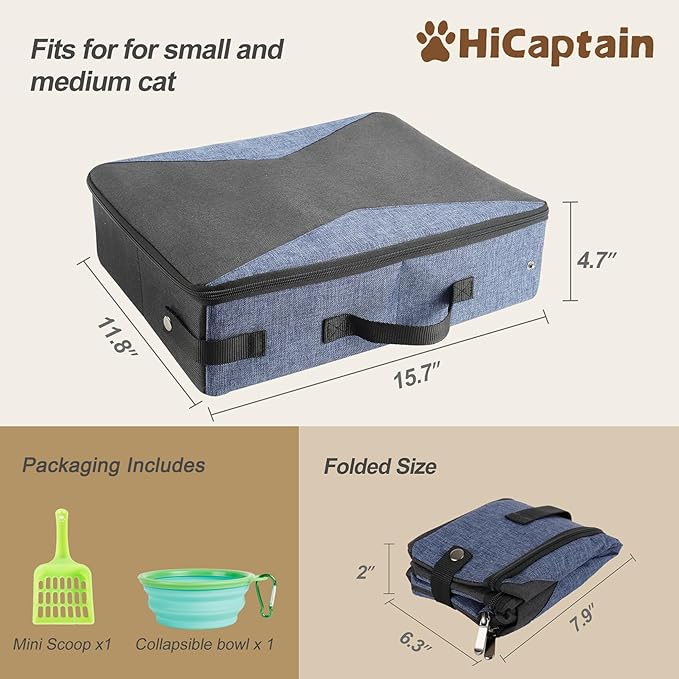 HiCaptain Portable Travel Litter Box, Foldable Cat Litter Box with Lid and Handle Standard Lightweight Collapsible Litter Carrier for Cat Travel(M,Black/Blue)