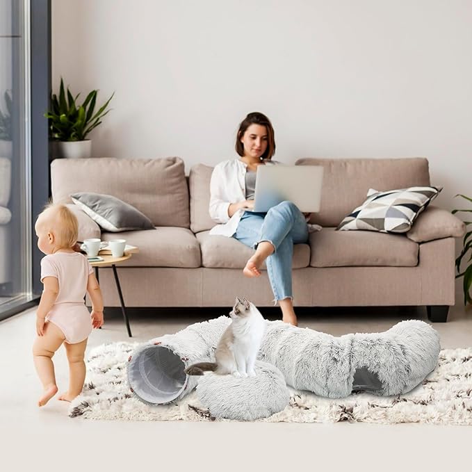 KOMUSMO Cat Tunnel Bed with Central Mat and Hanging Ball Toy, Large Cat Cave Donut for Indoor Cats, Soft Plush Fluffy Peekaboo Cat Bed Cave Collapsible for Small Medium Large Cats Kittens