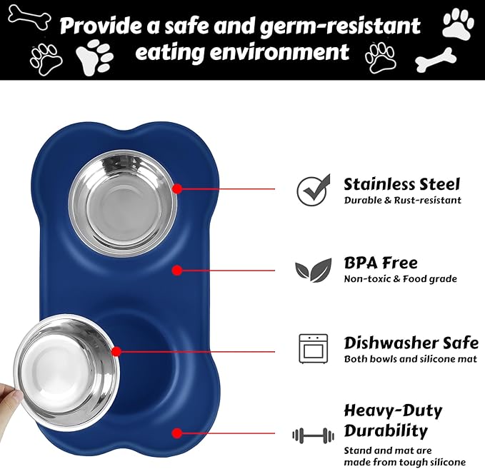 AsFrost Dog Food Bowls Stainless Steel Dog Food & Water Bowl Set with No Spill No Slip Silicone Mat, Dog Dishes for Small Medium Size Dogs Pet Cat Puppy Food Feeding Bowls, Blue, 24oz, 3 Cup