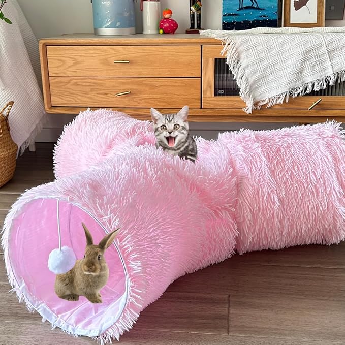Cat Tunnel Tube Toys, Tunnels for Indoor Cats Soft Warm Pink Plush, 3 Way Collapsible Interactive Toy Maze House with Peek Hole Dangling Ball for Rabbit, Puppy, Kitty, Kittens