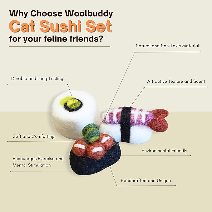 Woolbuddy Cat Toy - Cat Sushi Toy, 8pcs, Wool Cat Toy for Boredom & Stimulating, Cute Interactive Cat Toys for Indoor Cats, Self Play Cat Kitten Toys, Cat Chew Toy, Cat Enrichment Without Catnip