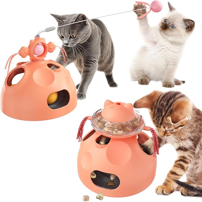 Zaabaaziba Interactive Cat Toys Multifunctional, Track Balls, Kitten Toy for Indoor, High-Elasticity Cat Teaser Wand, Multi-Cat Households, All Cat Breeds, Slow Feeder Toy Pink