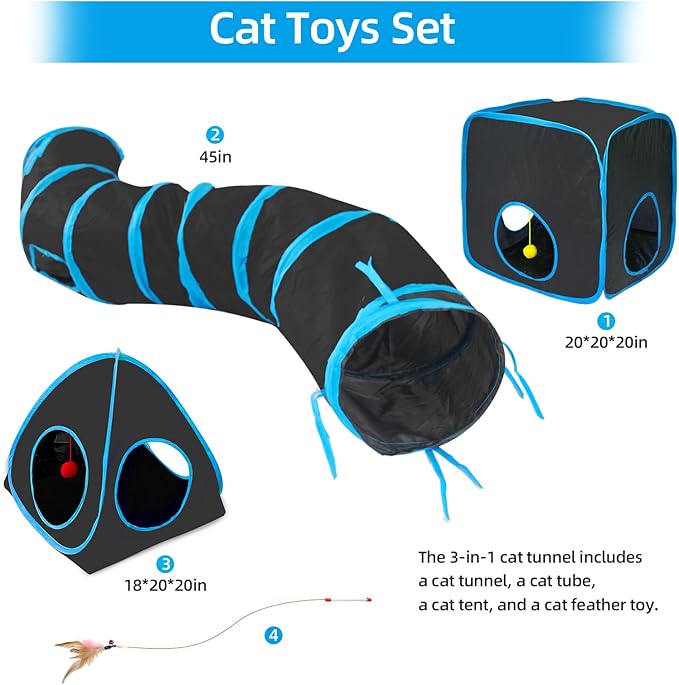 Cat Tunnels for Indoor Cats, Cat Tent, Cat Cube and Feather Cat Toy Collapsible Combo, with Interactive Cat Toy Ball, Cat Toy Set for Indoor Cat, Ferret, Guinea Pig, Rabbit, Bunny, Blue