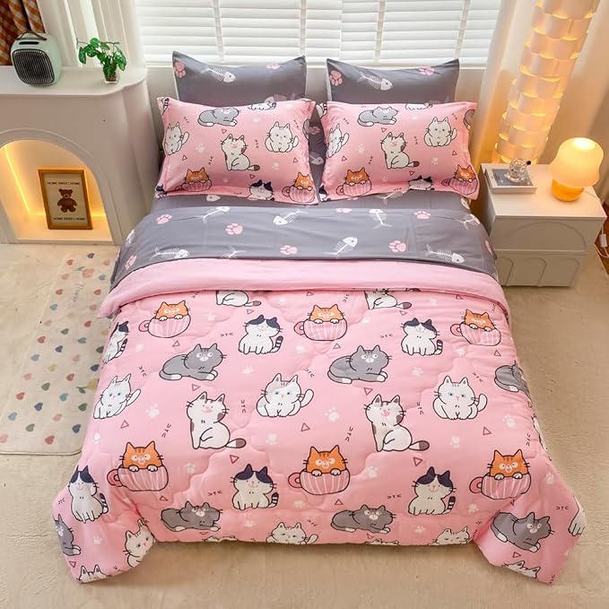 7 Piece Girls Cat Comforter Set Queen Size Bed in A Bag Pink Cute Cartoon Pet Cats Bedding Set for Kids Boys Teens (1 Comforter, 1 Flat Sheet, 1 Fitted Sheet, 4 Pillow Sham) Gray