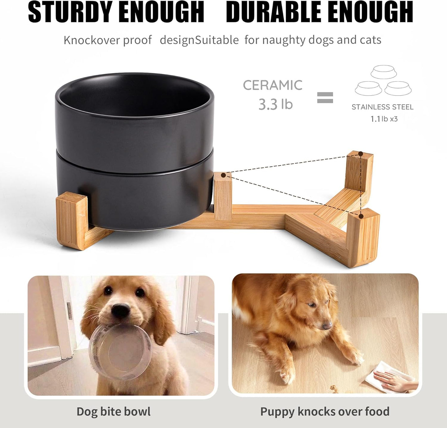 Black Ceramic Dog & Cat Bowl Set – 13.5 OZ with Wooden Stand, Non-Slip, Elevated Design for Small Dogs & Cats – 2 Bowls (Food & Water, Ceramic Pet Bowls, Modern Dog Bowls)