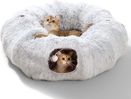 HIPIPET Plush Cat Tunnel with Cat Bed for Indoor Cats,Multifunctional Cat Toys for Small Medium Large Cat.