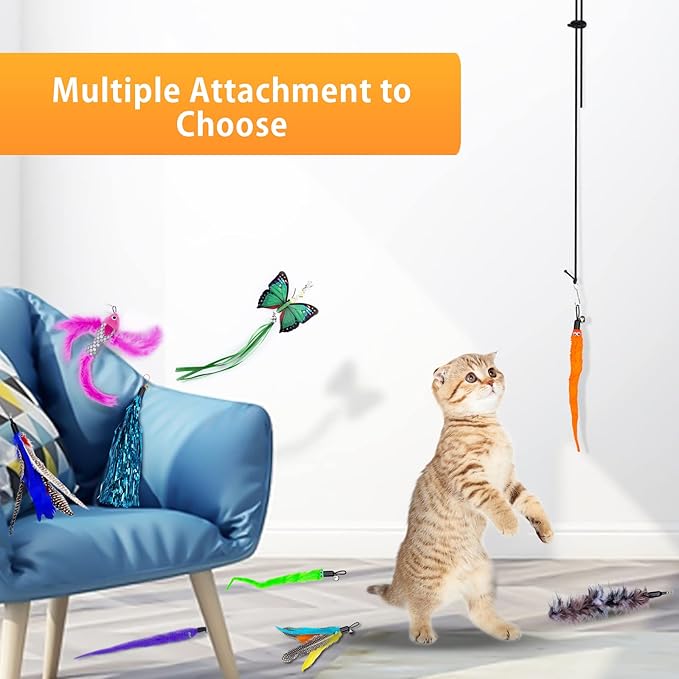 Interactive Cat Feather Toys, Retractable Cat Feather Toy with 9 PCS Replacement, Hanging Cat Teaser Toy for Indoor Cats Kitten Kitty, Cat Toys Cat Wand for Cat Play Exercise
