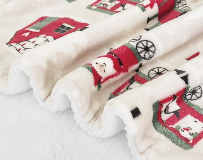 Elegant Comfort Reversible and Ultra-Plush Flannel Fleece-Winter Christmas Sherpa Throw- Lightweight Soft and Cozy-Holiday Decorative Throw, Perfect for Lounging, 50 x 60 inches, Santa Train