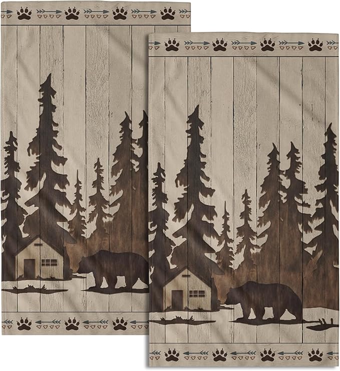 Brown Bear Hand Towels Forest Cabin Bath Fingertip Towels Set of 2 Soft Guest Face Towel Bathroom Decoration Thin Kitchen Tea Dish Towels