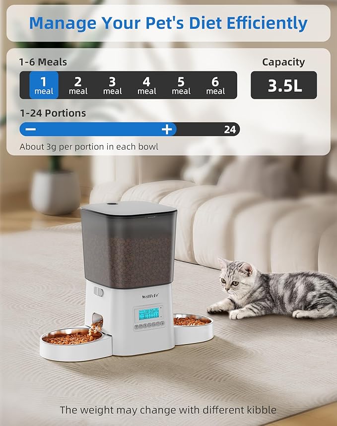 WellToBe Dual Cat Automatic Feeder for 2 Cats, Timed & Flexible Feeding, Voice Recorder, Dual Power Supply, Freshness Seal, Anti-Ant Design for Multiple Cats.