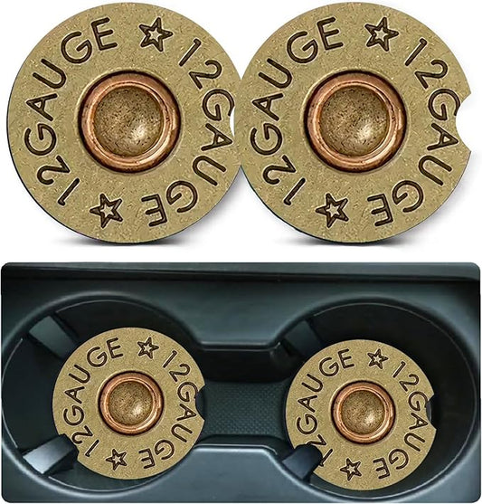 Car Coasters for Cup Holders,2 Pack Cool 12 Gauge Bullet Shaped Brass Rubber Car Cup Holder Coasters,2.75" Universal Size Anti Slip Rubber Mat,Automotive Cup Holder Decal Decor for Men,Dad