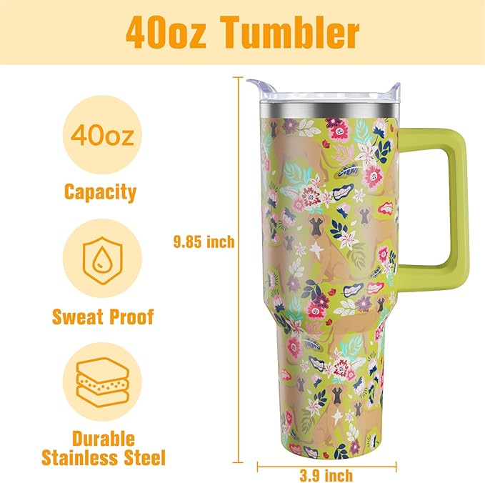 Boxer Dog Gifts for Women Dog Lovers 40 oz Floral Boxer Lover Tumblers with Handle and Straw, Stainless Steel Vacuum Insulated Travel Coffee Mug Cup Water Bottle
