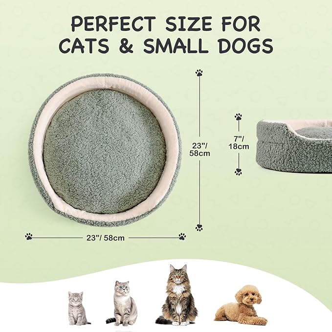 Mewoo Cat Beds for Indoor Cats - Round Dog Beds for Small Dogs, Washable Pet Bed for Kitten and Puppy with Non-Slip Bottom (Sage Green, 23.0" L X 23.0" W X 7.0" Th)