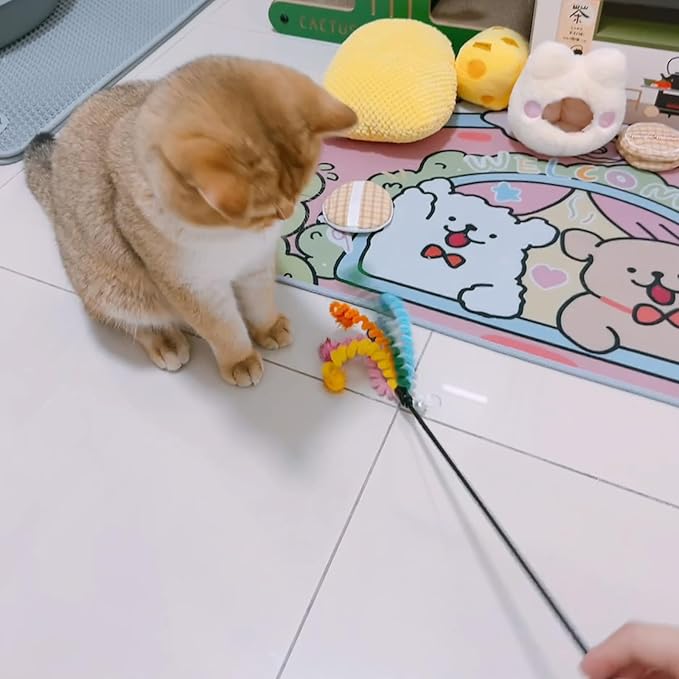 IUHKBH Cat Wands, 3 PCS Cute Cat Teaser Toy with Colorful Spring and Soft Ball Interactive Cat Toys with Bell for Cat and Kitten