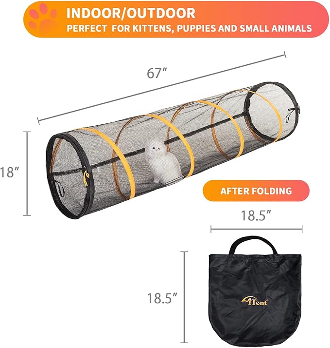 Cat Play Tunnel for Indoor and Outdoor, Cat Play House, Cat Enclosures Easy to Connect with Cat Tent with Two Zipper Doors Outside Cat Enclosure (Fun Run Cat Tunnel),Orange