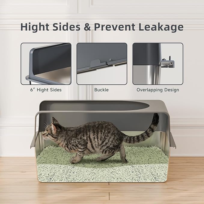 High-Sided Stainless Steel Cat Litter Box,Stainless Steel Litter Box with Lid,Extra Large Litter Box,Easy-to-Clean Metal Litter Pan for Cats (24''L X 16''W X 12''H with Enclosure)