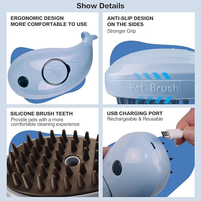 3in1 Cat Steam Brush,Multifunctional Rechargeable Cute Steamy Pet Brush for Short Or Long Hair Cats/Dogs To Massage/Clean/Eliminate Flying&Tangled Hair With USB Cable-Blue Whale