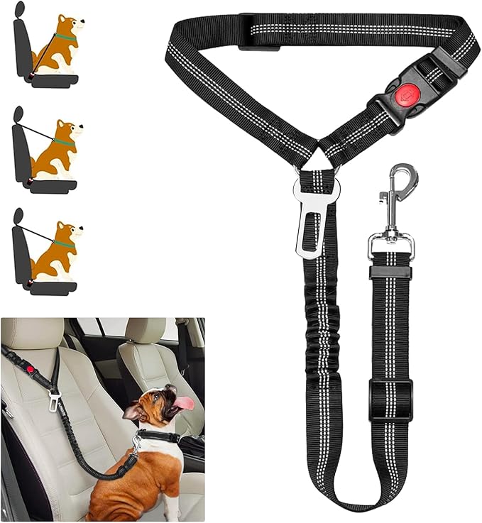 2 Packs Removable Dog Seat Belt Harness for Car, 3 in 1 Pet Dog Car Seatbelt Leash, Retractable Restraint Secures to Vehicle Headrest & Adjustable Reflective Dog Seatbelt Tether