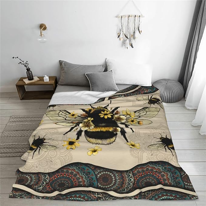 Bee Blanket Bees Sunflower Decor Throw Blanket Super Warm Soft Plush Lightweight Fleece Flannel Winter Bohemia Blanket Gifts for Girls Boys Baby Kids Women Couch Bedding 40"X50"