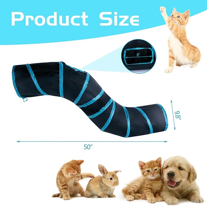 Sheldamy Cat Tunnel, S-2-Way Cat Tunnels for Indoor Cats, Collapsible Cat Play Tunnel, Interactive Toy Maze Cat House with 1 Play Ball for Cats, Puppy, Kitty, Kitten, Rabbit (Blue & Black)