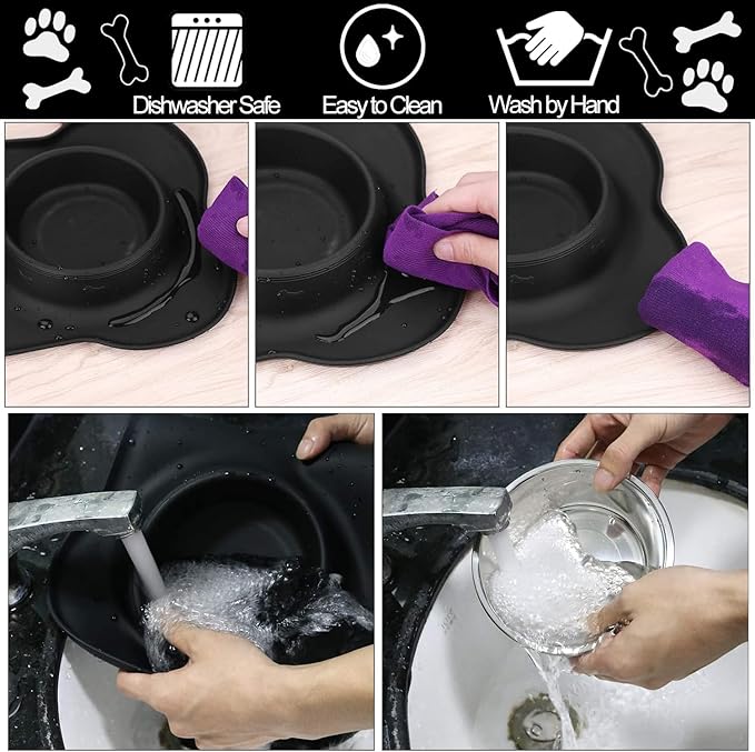 AsFrost Dog Food Bowls Stainless Steel Dog Bowls with No Spill Non-Skid Silicone Mat, Dog Food and Water Bowl Set, Dog Dishes for Small Medium Large Sized Dogs Pet Food Feeding Bowls, 4 Cup, Black