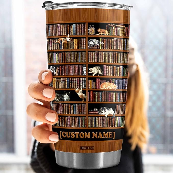BECHUSKY Personalized Cat Library Bookshelf Tumbler Cat Bookshelf Tumbler Cat Book Lover Tumbler Librarian Reading Book Bookish Gift For Friends Readers Bookworm Book Lovers On Christmas Anniversary