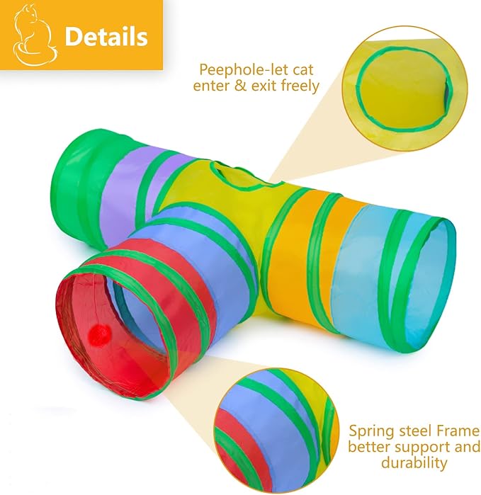 Cat Tunnel, Collapsible Tube with 1 Play Ball Kitty Toys, 3 Ways Cat Tunnels for Indoor Cats, Puppy, Kitty, Kitten, Rabbit (Rainbow)