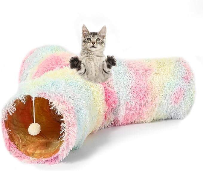 LUCKITTY Fluffy Plush Cat Tunnel Toy Collapsible, for Indoor Cat Kitty Kitten Puppy Rabbit Ferret Rainbow Color 3 Way
