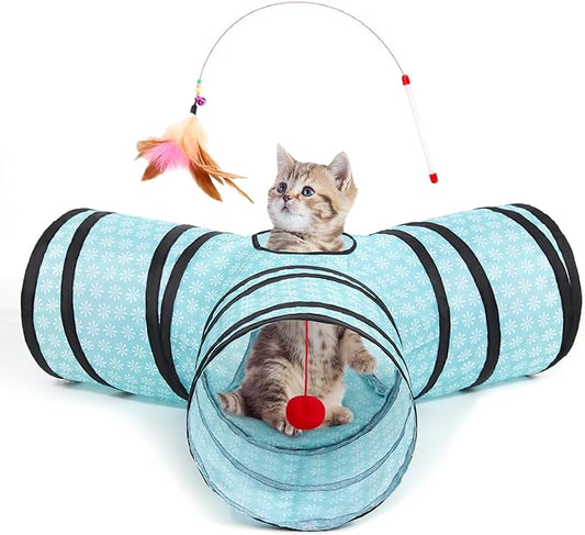 Tempcore Pet Cat Tunnel Tube Cat Toys 3 Way Collapsible, Cat Tunnels for Indoor Cats，Kitty Tunnel Bored Cat Pet Toys Peek Hole Toy Ball Cat, Puppy, Kitty, Kitten, Rabbit Teardrop Flower