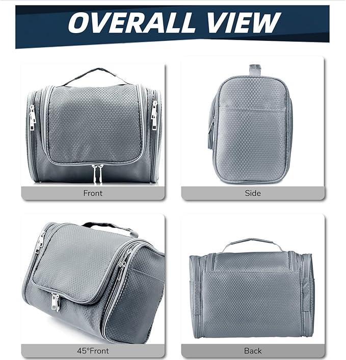 Buruis Large Capacity Toiletry Bag for Women and Men, Hanging Toiletry Organizer Cosmetics Makeup Bag, Water-resistant Dopp Kit Shaving Bags for Full Sized Toiletries, Travel Essentials (Gray)