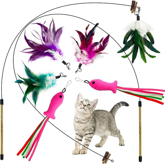 Cat Wand Toy, Cat Feather Toys with Silvervine & Bells, 2 * Cat Teaser Wand & 6 * Teaser Refills, Extra Long 38.5" Wire Cat Wand, Cat Toy for Indoor Cats & Kitten & Kitty