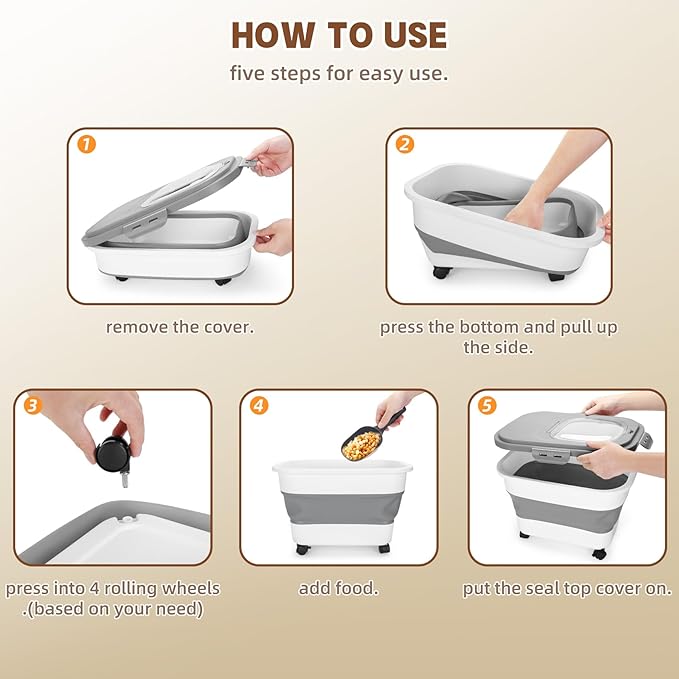 Dog Food Storage Container 17 lb, Airtight Pet Food Storage Containers with Wheels & Removable Sealed Lid, Collapsible Cat Food Containers Dry Food with Scoop and Measuring Cups