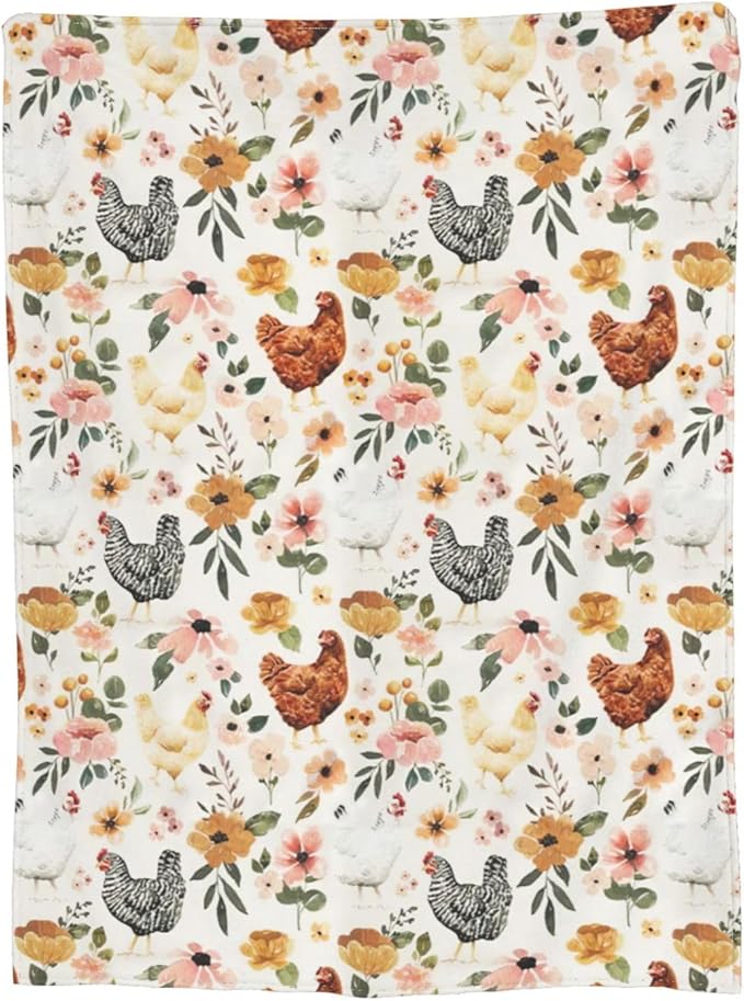 Chicken Floral Blanket Rooster Hen Printed Decor Throw Blanket Warm Soft Plush Lightweight Fleece Flannel Winter Blanket Farm Gifts for Girls Women Farmer Lover Boys Baby Kids Couch Bedding 60"X80"