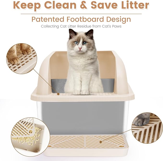 8" Deep Stainless Steel Litter Box with 49L Litter Capacity, Extra Large High Sided Cat Litter Box with Lid, Stainless Steel Cat Litter Box for Big Multiple Cats, Metal Cat Litter Pan Tray, Easy Clean