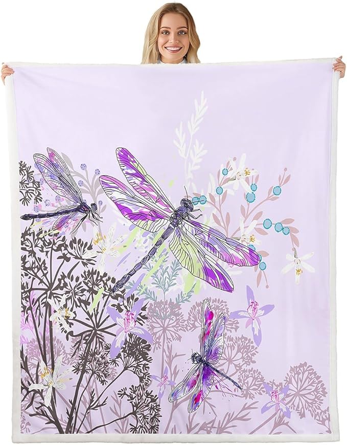 Feelyou Dragonfly Sherpa Blanket Twin 60x80 Inches Botanical Floral Fleece Throw Blanket for Kids Girls Teens Women Bedroom Decor Nature Animals Branches for Sofa Bed Couch Purple
