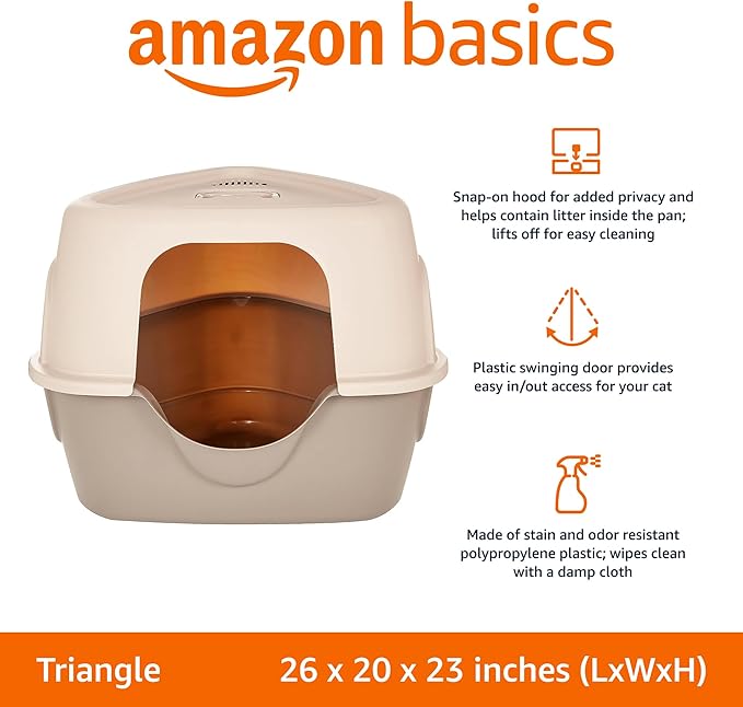 Amazon Basics No-Mess Hooded Corner Easy Clean Cat Litter Box, Triangle, Charcoal, 26 in x 20 in x 23 in