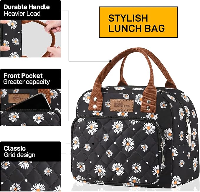 Buringer HOMESPON Lunch Bag for Woman Man Adults with Front Pocket Insulated Lunch Tote Lunch Box Container for Work Picnic or Travel（Daisy）