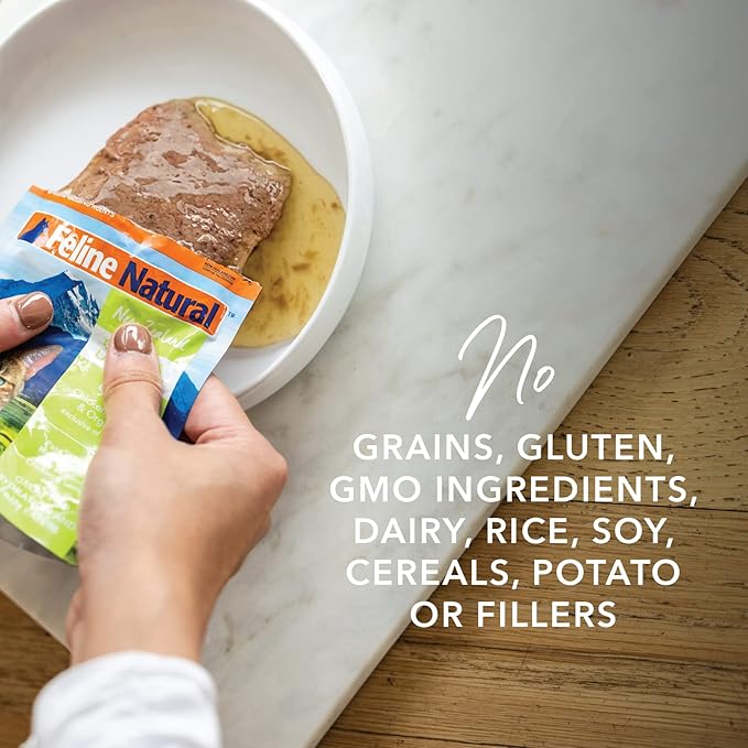 Feline Natural - 12 Grain-Free Pouches - Hoki & Beef Feast, 3oz Perforated Box