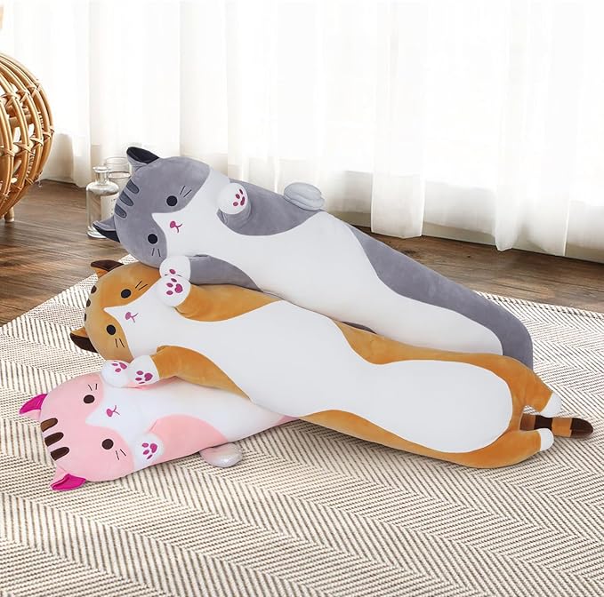 Soft Plush Pillow, Grey Long Kitten Plushie Kawaii Cat Stuffed Toy for Kids (90cm/35.4inch)