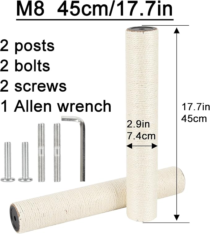 2.9in 7.4cm Diameter Cat Scratching Post Replacement Sisal Pole Parts for Cat Tree (M8, 45cm/17.7in)