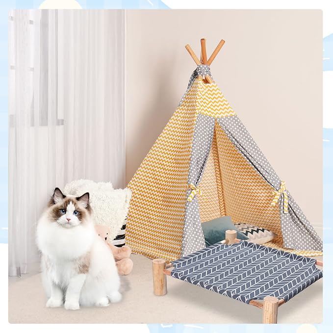 Mixweer 4 Pcs Cat Hammock Bed Wooden Cat Cooling Bed Elevated Cat Bed Detachable Portable Cat Chair for Cats Small Dogs Pets Sleeping Indoor and Outdoor 21 x 19 x 5 Inch (Alpaca)