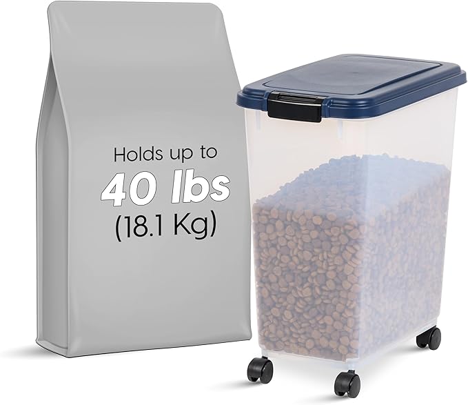 IRIS USA Airtight Dog Food Storage Container, Up to 40 lbs, Attachable Wheels, For Dog Cat Bird and Other Pet Food Storage Bin, Keep Fresh, Translucent Body, Easy Mobility, Navy