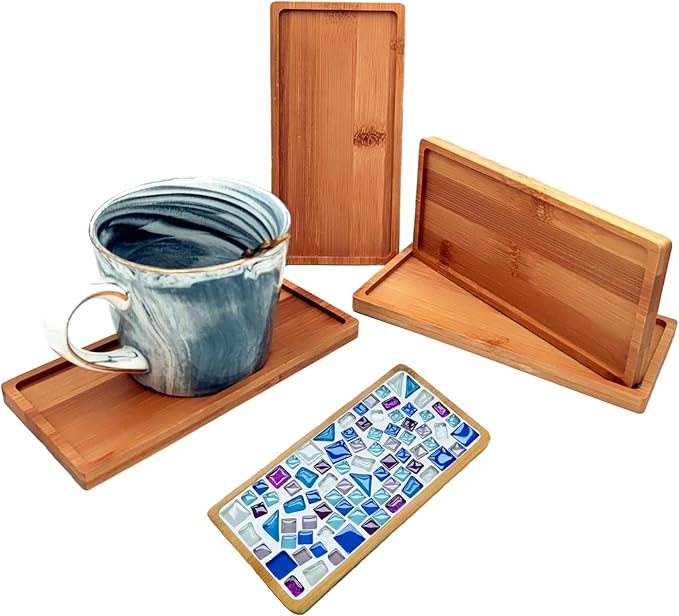 4PCS Mosaic Bamboo Coasters for Crafts, Blank Base Trays, Drinking Cup Coaster, Plant Coaster, Art Plate,DIY Mosaic Supplies (Rectangle)