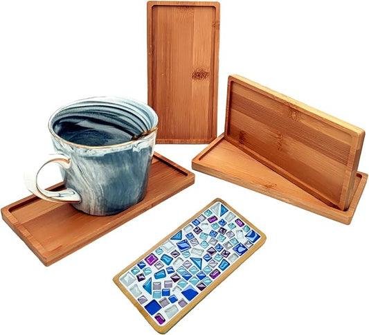 4PCS Mosaic Bamboo Coasters for Crafts, Blank Base Trays, Drinking Cup Coaster, Plant Coaster, Art Plate,DIY Mosaic Supplies (Rectangle)
