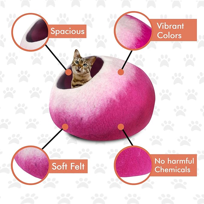 Felted Wool Cat Cave Bed ~ Perfect Handcrafted Cat Beds for Indoor Cats ~ Felted from 100% Natural Wool ~ Eco Friendly with Your Cats (Rose Petals)