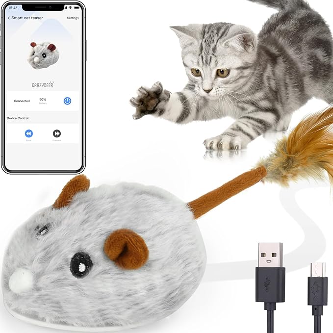 Cat Toys APP Bluetooth Smart Cat Mouse Toys Electronic Interactive Hunting Cat Toy for Indoor Mice Toys Automatic Moving Remote Control Cat Toy Exercise Cat for Bored Indoor USB Rechargeable（Gray）