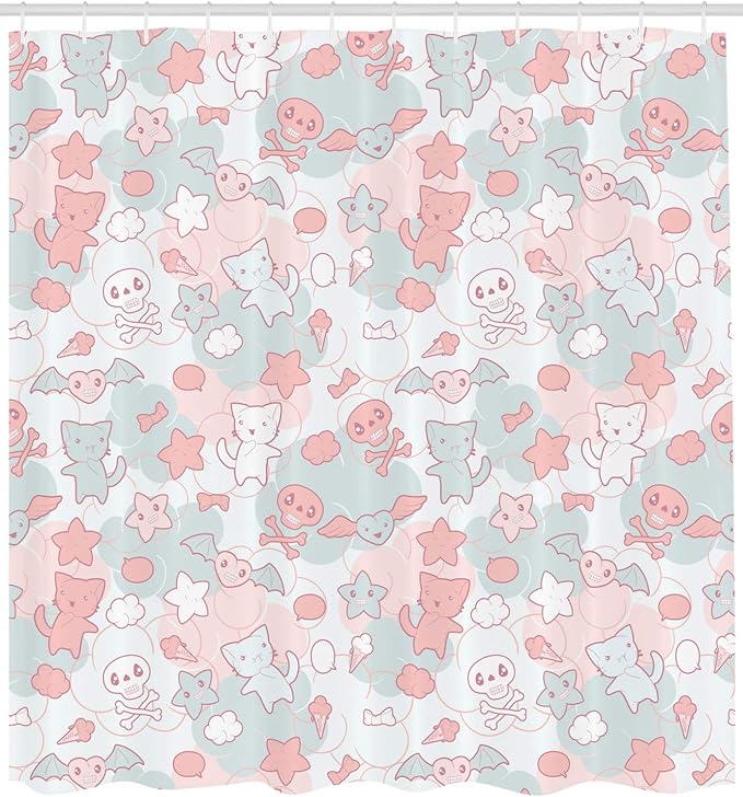 Ambesonne Cartoon Shower Curtain, Styled Cats Bats and Skulls Japanese Inspired Kawaii Design, Cloth Fabric Bathroom Decor Set with Hooks, 69" W x 75" L, Light Pink